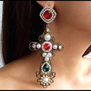 Huge Runway Shoulder Duster Gothic Cross Earrings